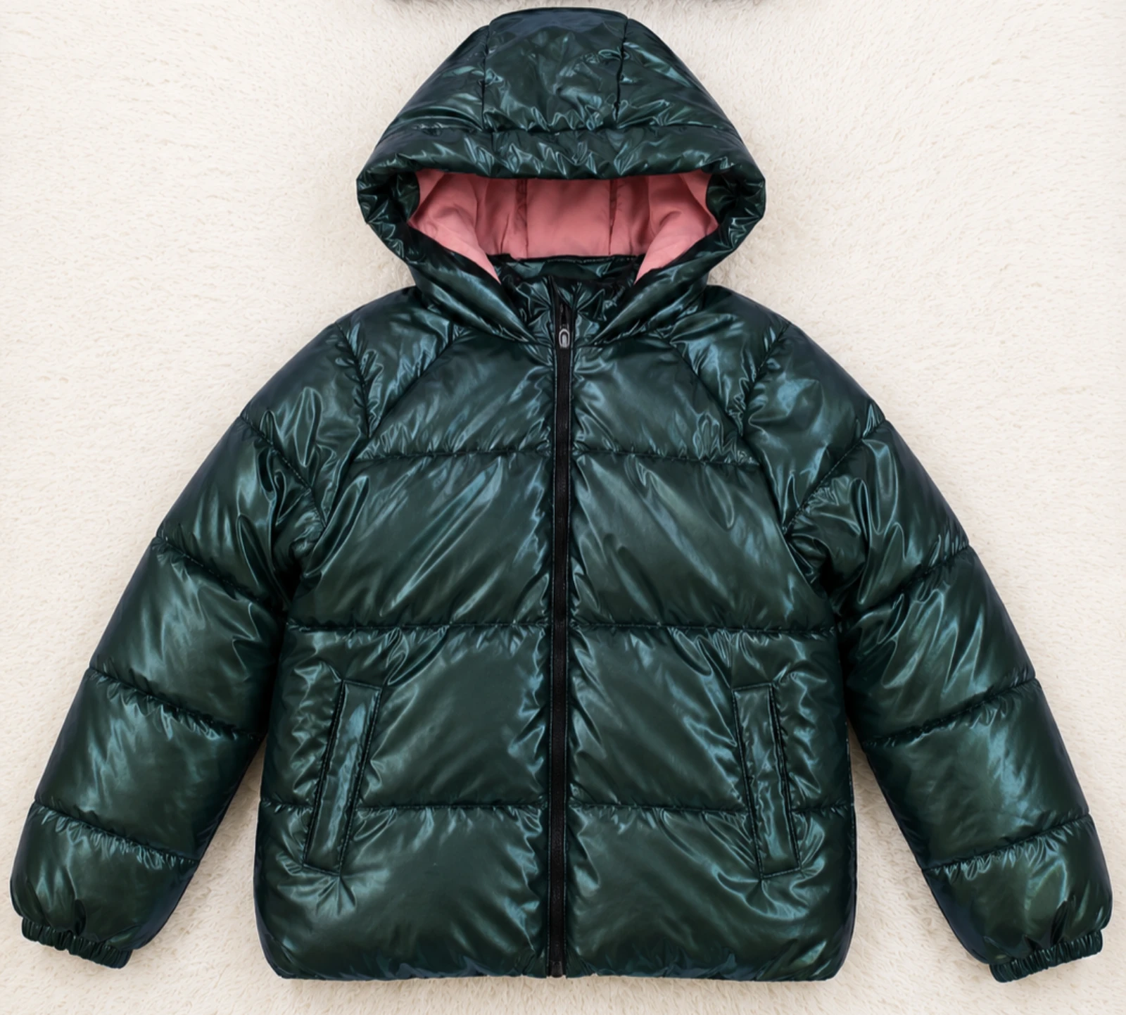 Shiny pearl green hooded down jacket lined with pink fleece 14 years old 👒 – photo 2